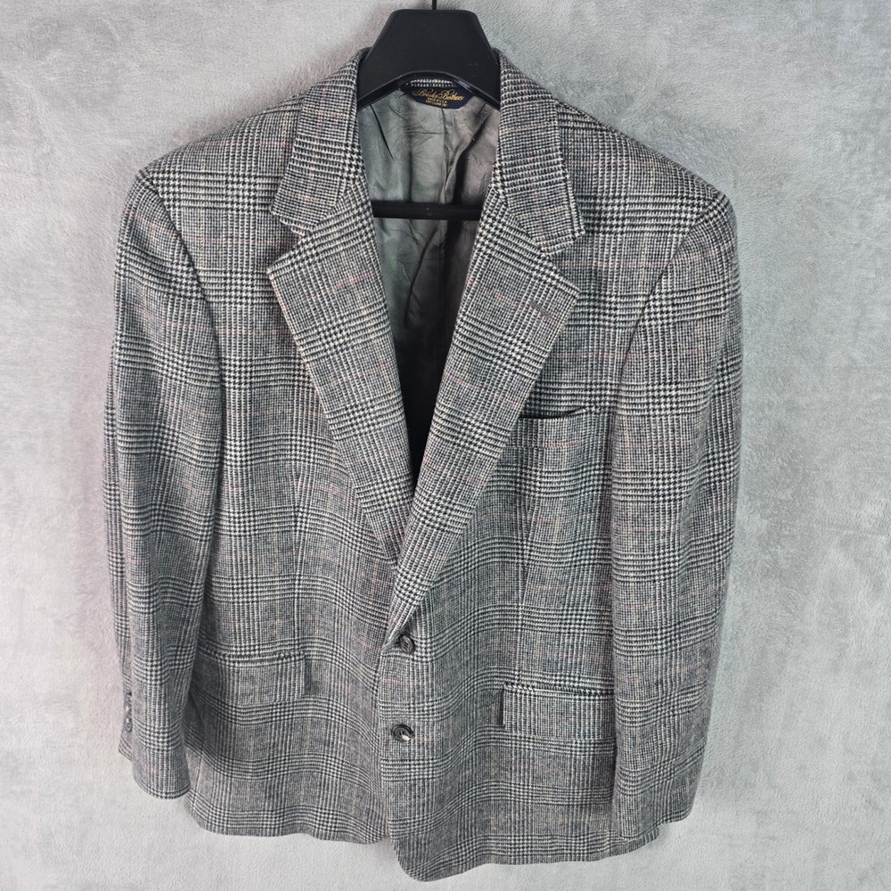 Brooks Brothers Mens Grey Glen Plaid Pure Wool 2 Button Blazer Sport Coat USA